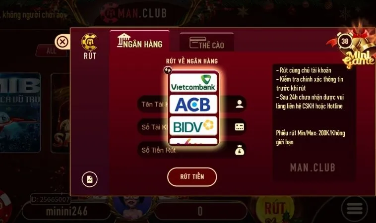 Rút Tiền ManClub Siêu Tốc Trong Năm Phút Với Quy Trình Bảo Mật Tuyệt Đối 2 Giao diện rút tiền ManClub